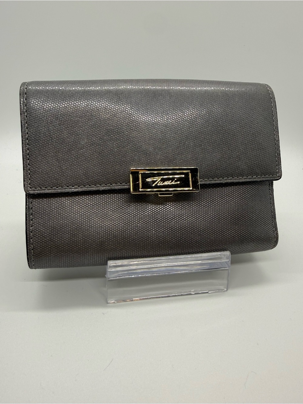 TUMI Metallic Gunmetal Pewter Leather Wallet Gold Hardware